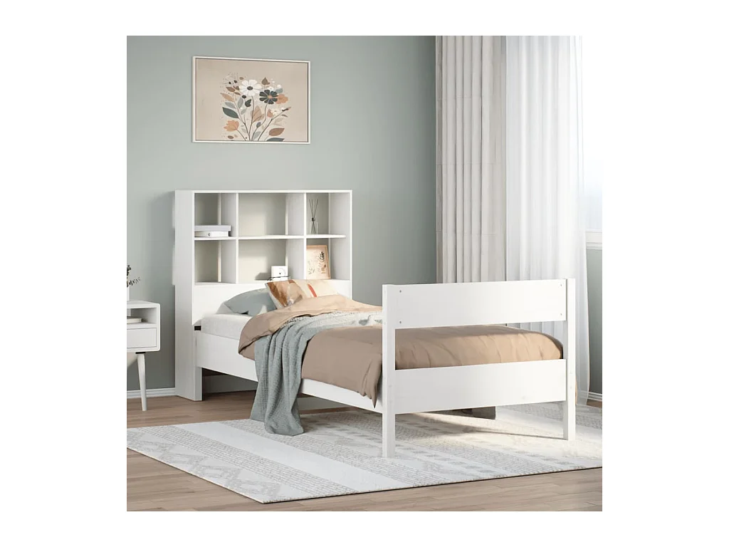 Lit bibliothèque sans matelas blanc 90x190cm bois de pin massif