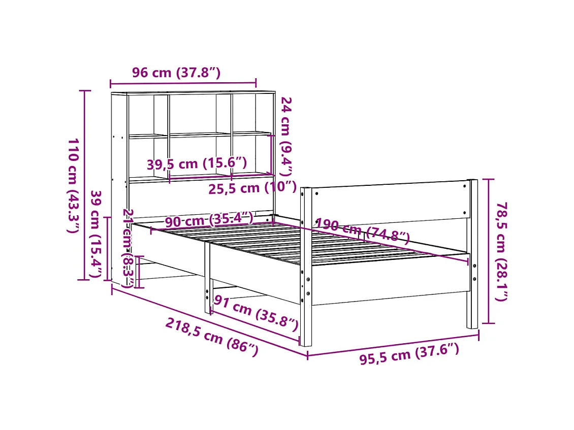 Lit bibliothèque sans matelas blanc 90x190cm bois de pin massif