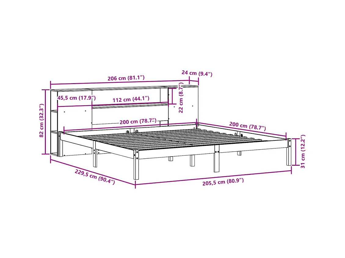 Lit bibliothèque sans matelas 200x200 cm bois massif de pin