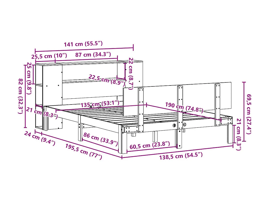 Massivholzbett mit Regal ohne Matratze Weiß 135x190 cm Kiefer