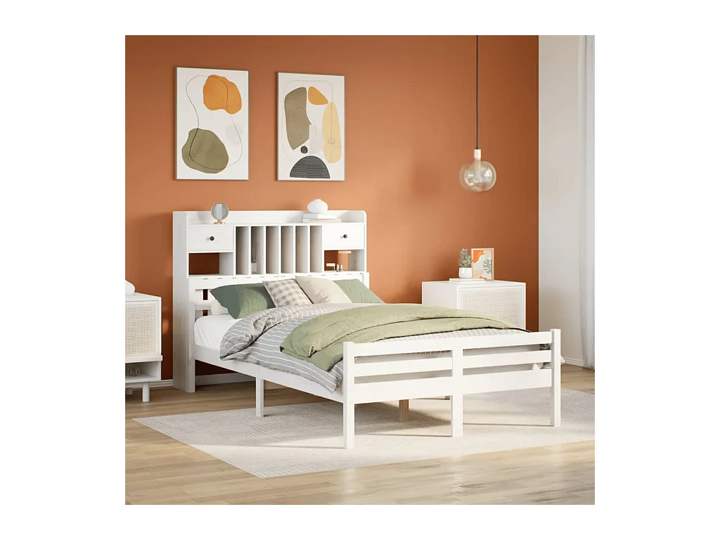 Massivholzbett mit Regal ohne Matratze Weiß 135x190 cm Kiefer