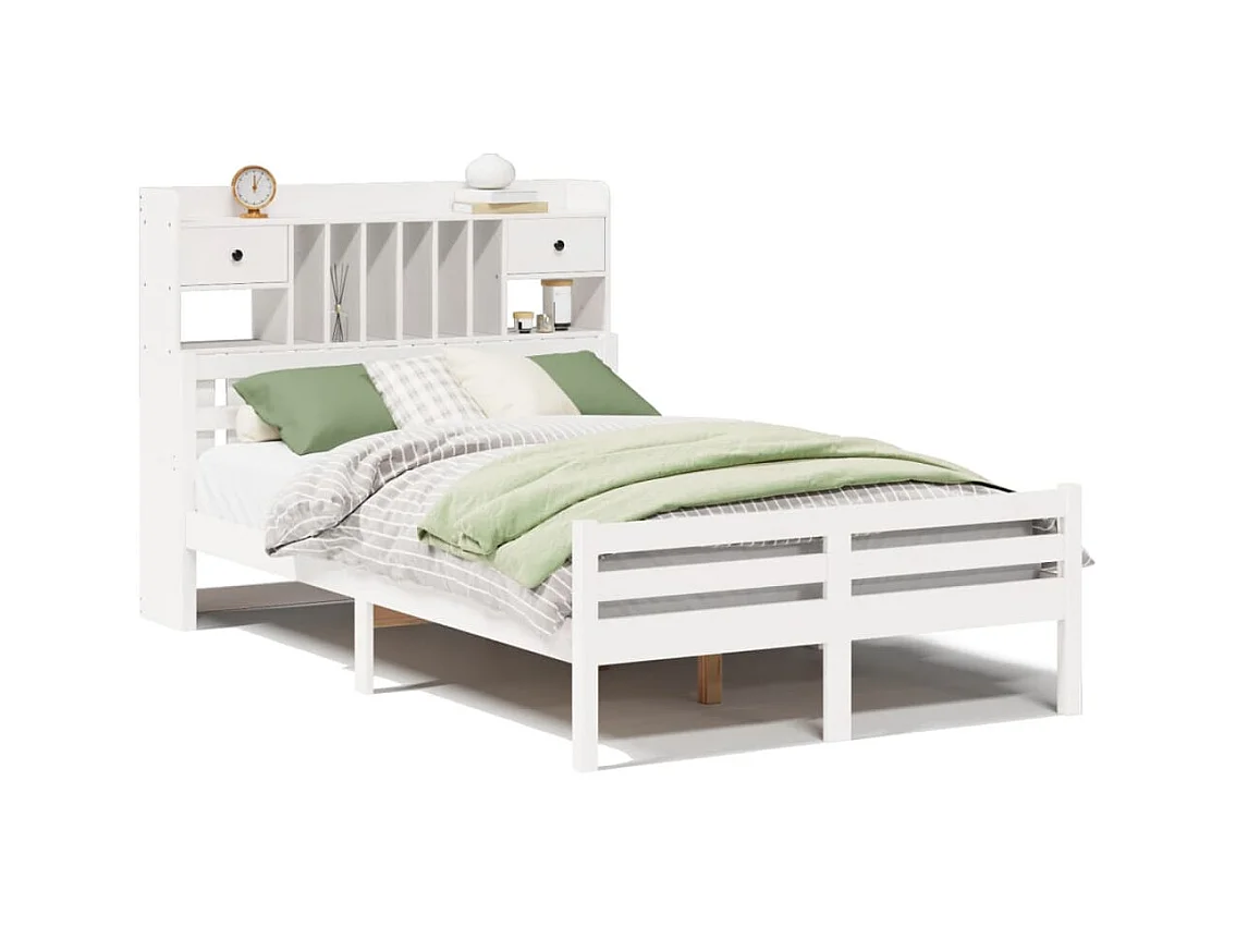 Massivholzbett mit Regal ohne Matratze Weiß 135x190 cm Kiefer