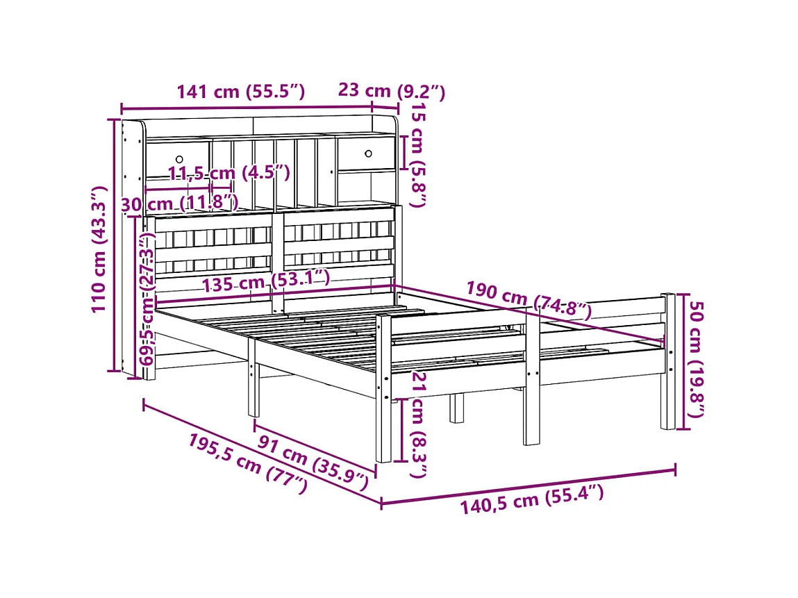 Massivholzbett mit Regal ohne Matratze Weiß 135x190 cm Kiefer