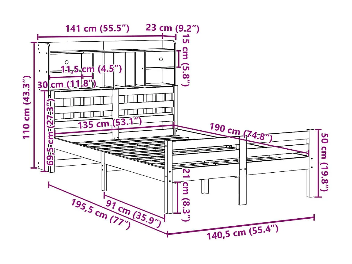 Massivholzbett mit Regal ohne Matratze Weiß 135x190 cm Kiefer