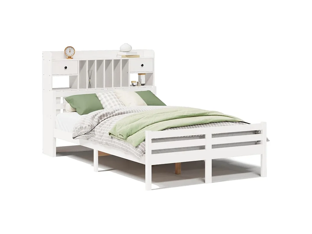 Lit bibliothèque sans matelas blanc 135x190 cm bois pin massif