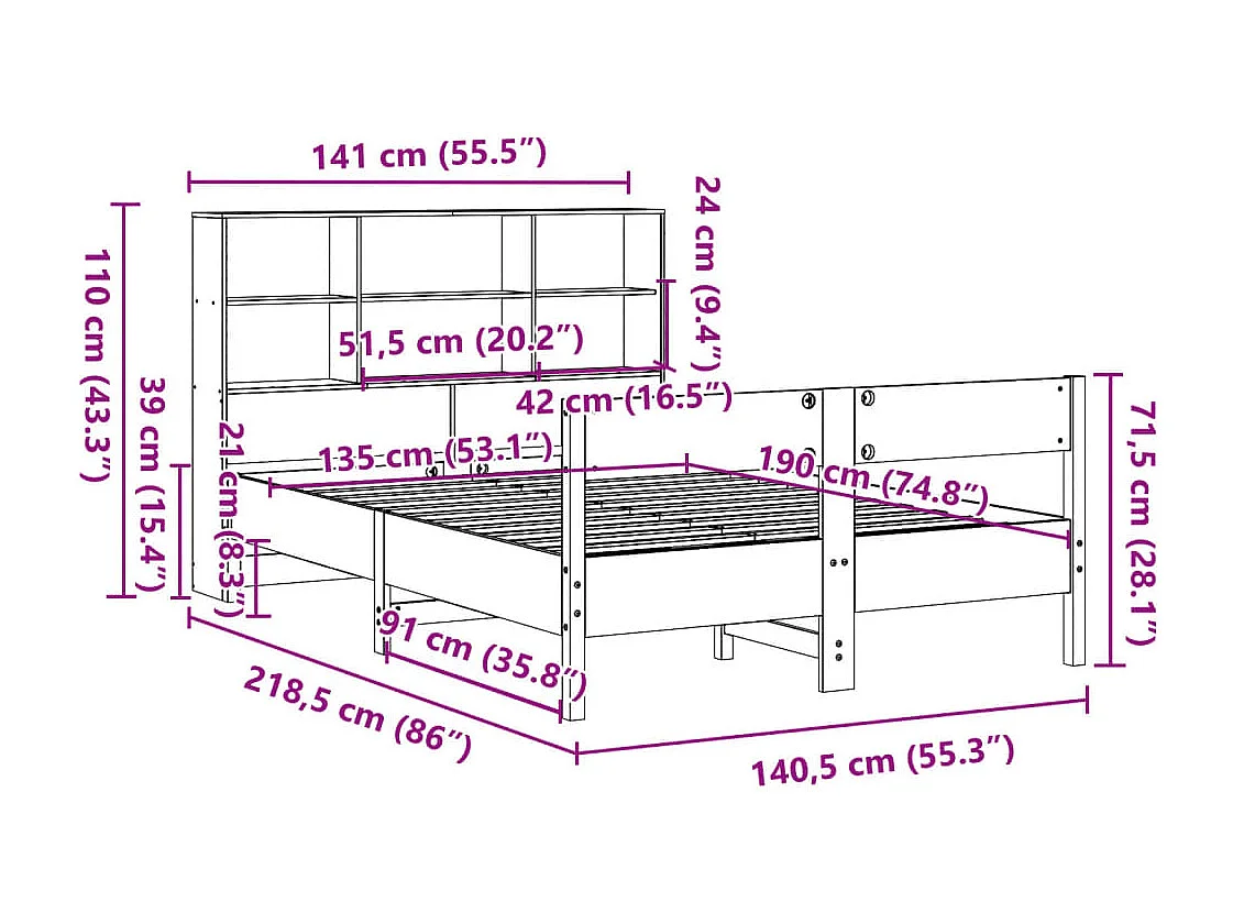 Cama com estante sem colchão 135x190 cm pinho maciço
