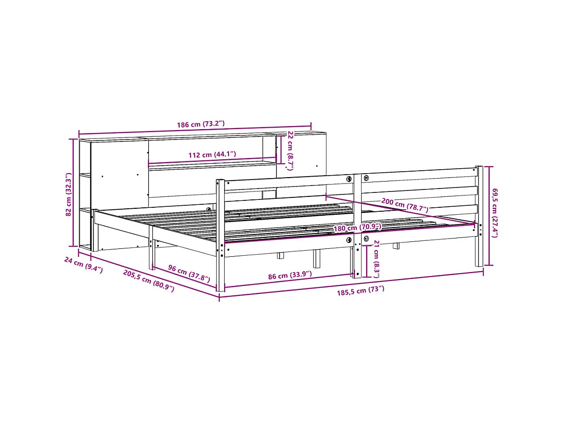 Lit bibliothèque sans matelas 180x200 cm bois massif de pin
