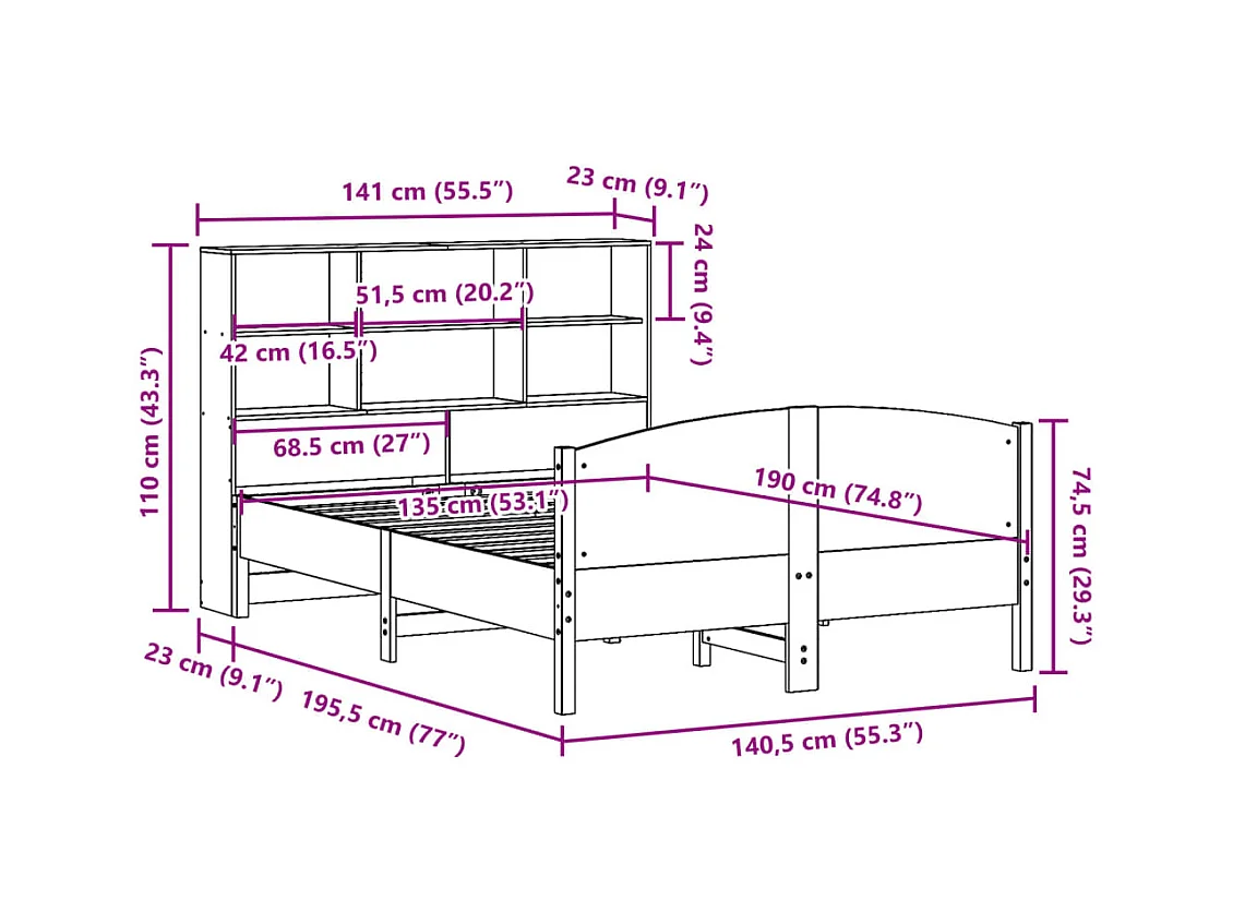 Massivholzbett mit Regal ohne Matratze Wachsbraun 135x190 cm