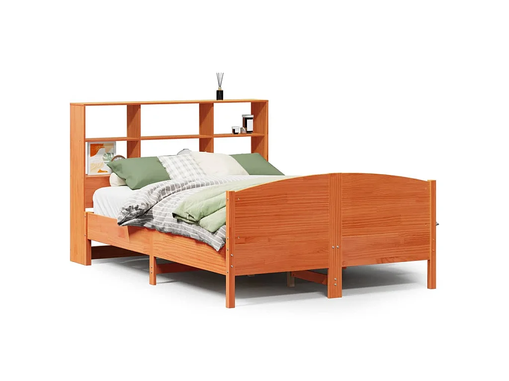 Lit bibliothèque sans matelas cire marron 135x190 cm pin massif