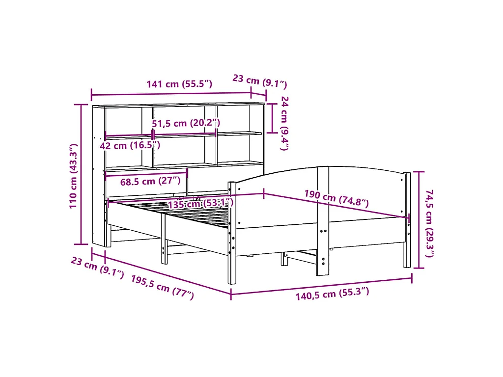 Lit bibliothèque sans matelas cire marron 135x190 cm pin massif