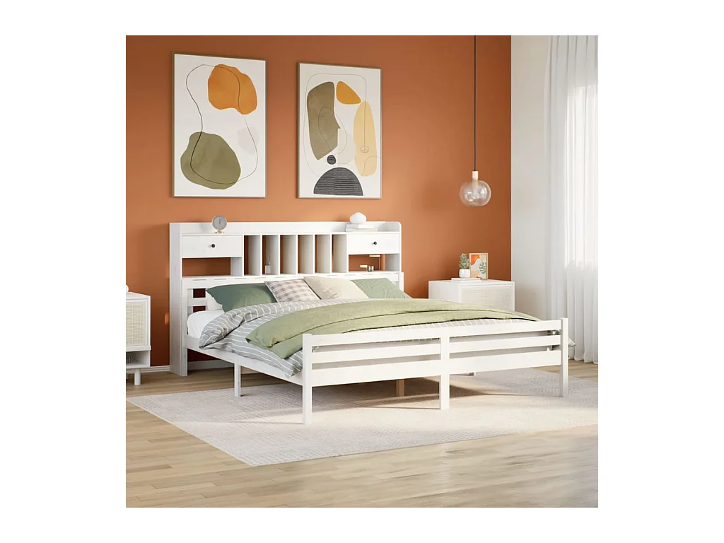 Massivholzbett mit Regal ohne Matratze Weiß 180x200 cm Kiefer