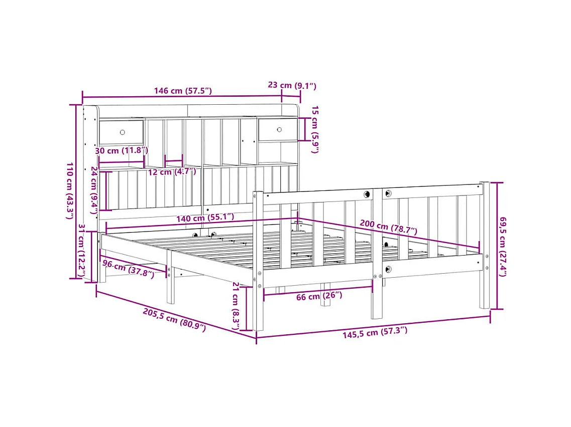 Massivholzbett mit Regal ohne Matratze Wachsbraun 140x200 cm