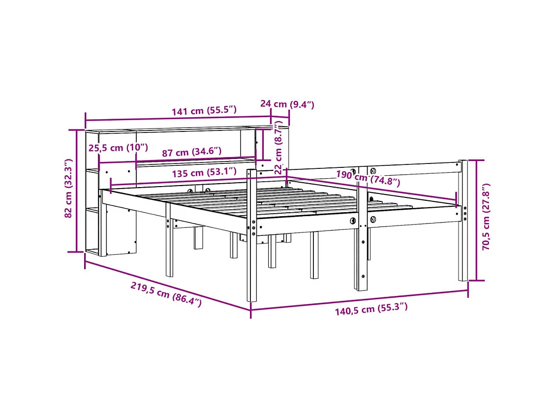 Lit bibliothèque sans matelas blanc 135x190 cm bois pin massif