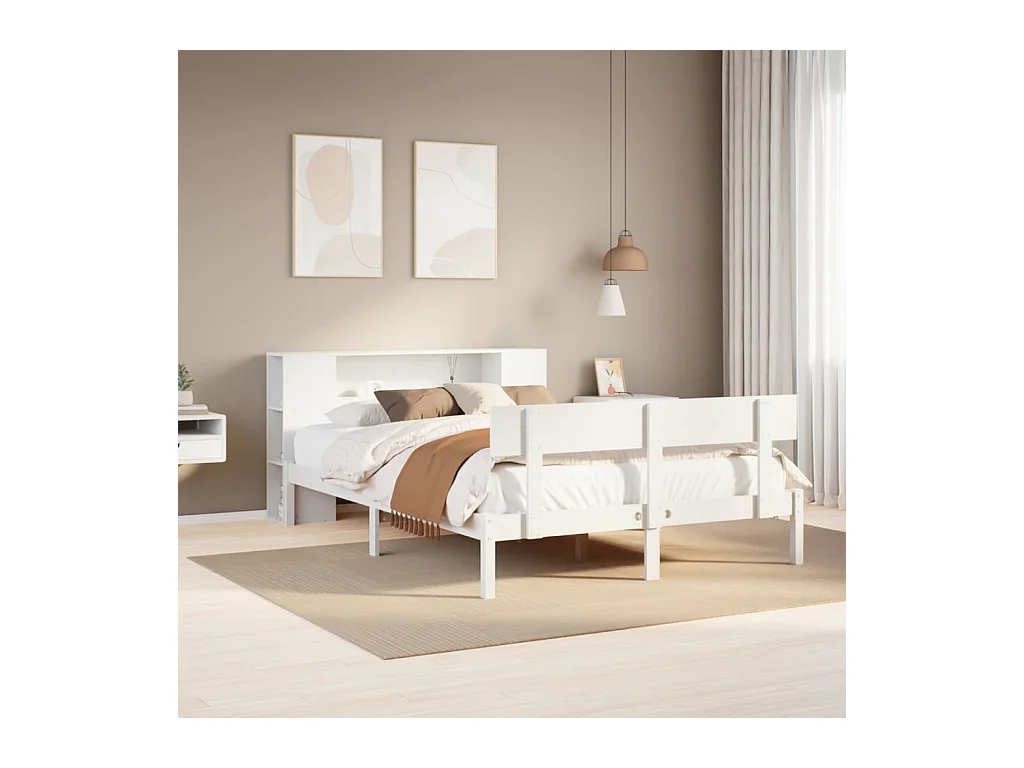 Lit bibliothèque sans matelas blanc 140x190 cm bois pin massif