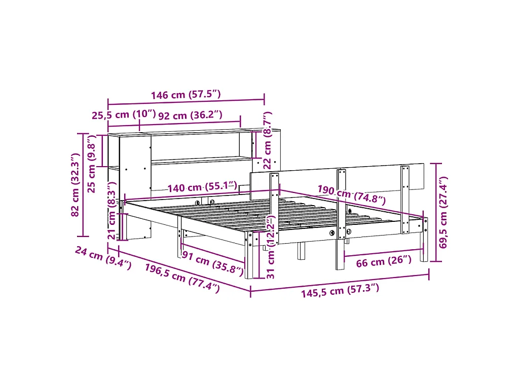 Lit bibliothèque sans matelas blanc 140x190 cm bois pin massif