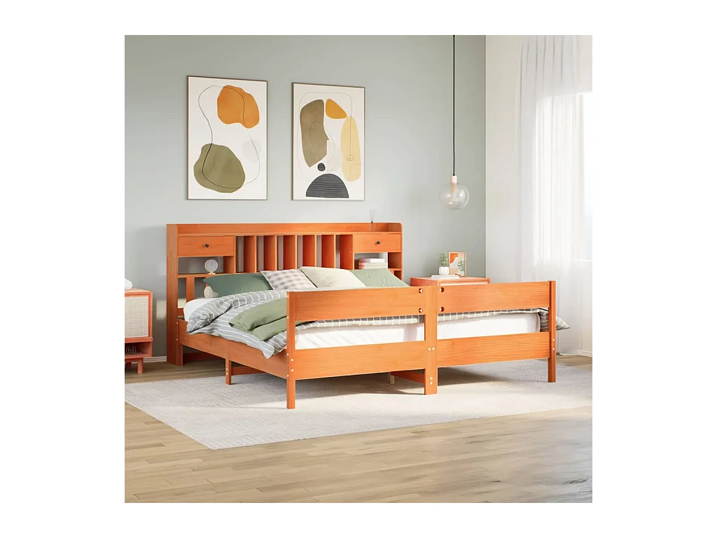 Lit bibliothèque sans matelas cire marron 180x200 cm pin massif