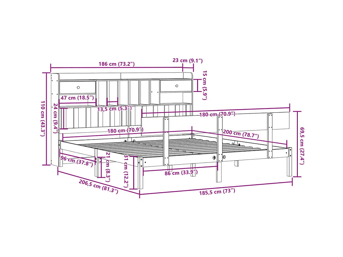 Massivholzbett mit Regal ohne Matratze 180x200 cm Kiefernholz