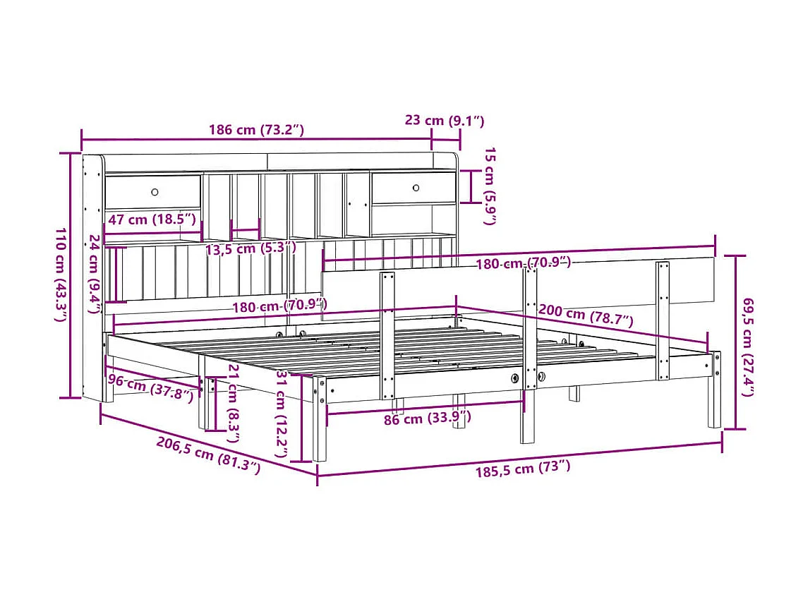 Massivholzbett mit Regal ohne Matratze 180x200 cm Kiefernholz