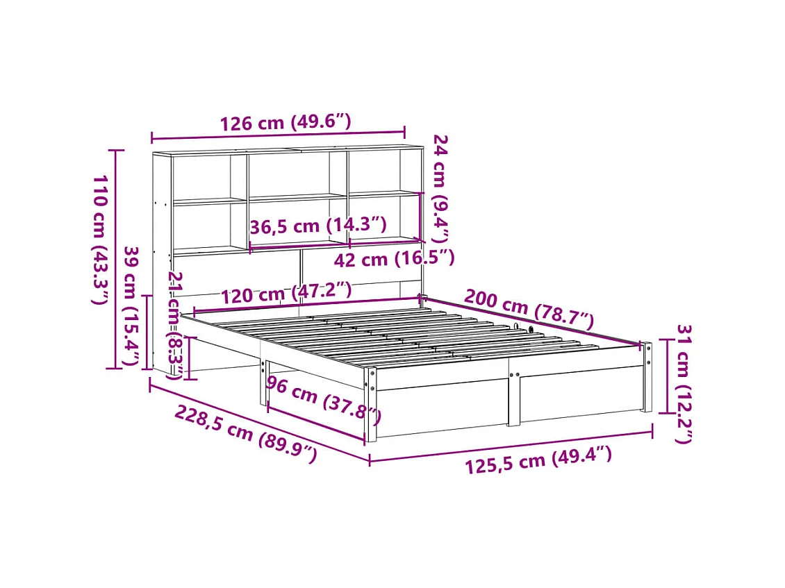 Lit bibliothèque sans matelas blanc 120x200 cm bois pin massif