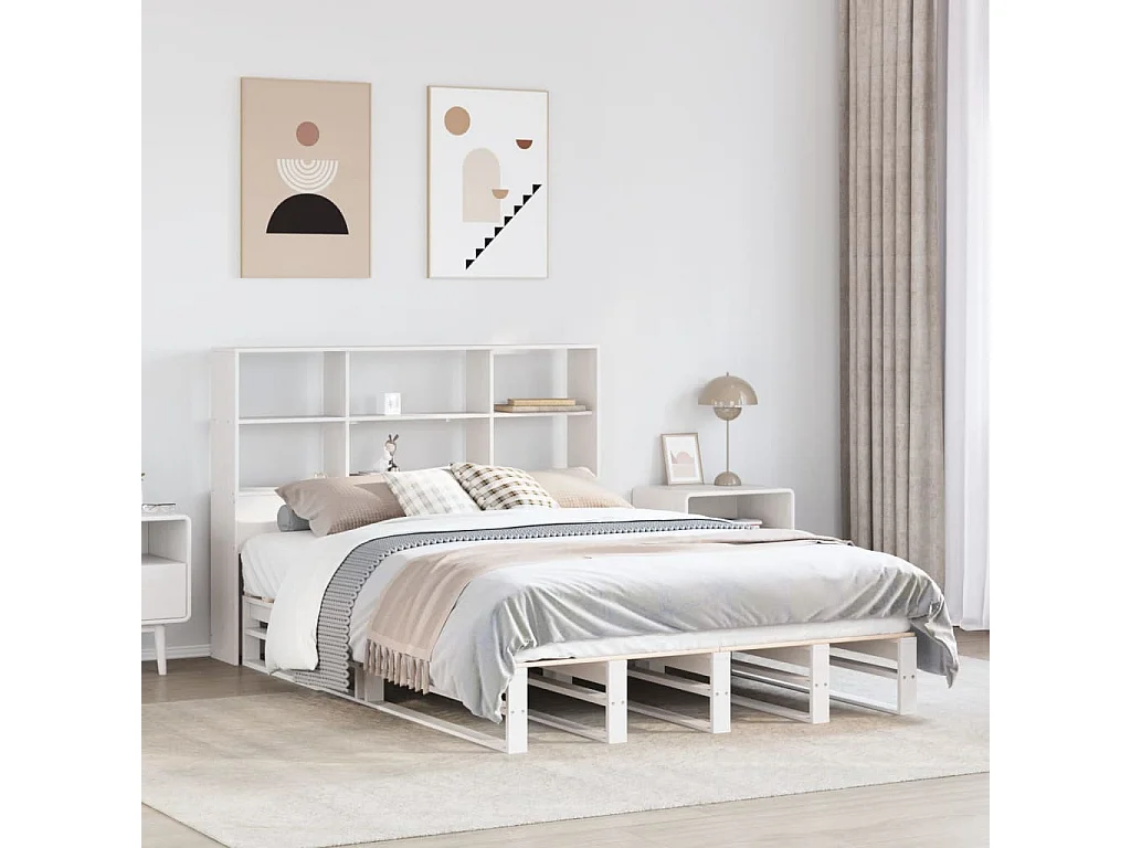 Massivholzbett mit Regal ohne Matratze Weiß 120x190 cm