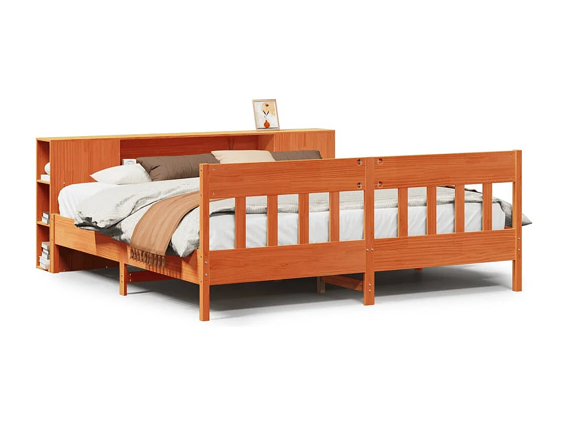 Bed met boekenkast zonder matras grenenhout wasbruin 200x200 cm