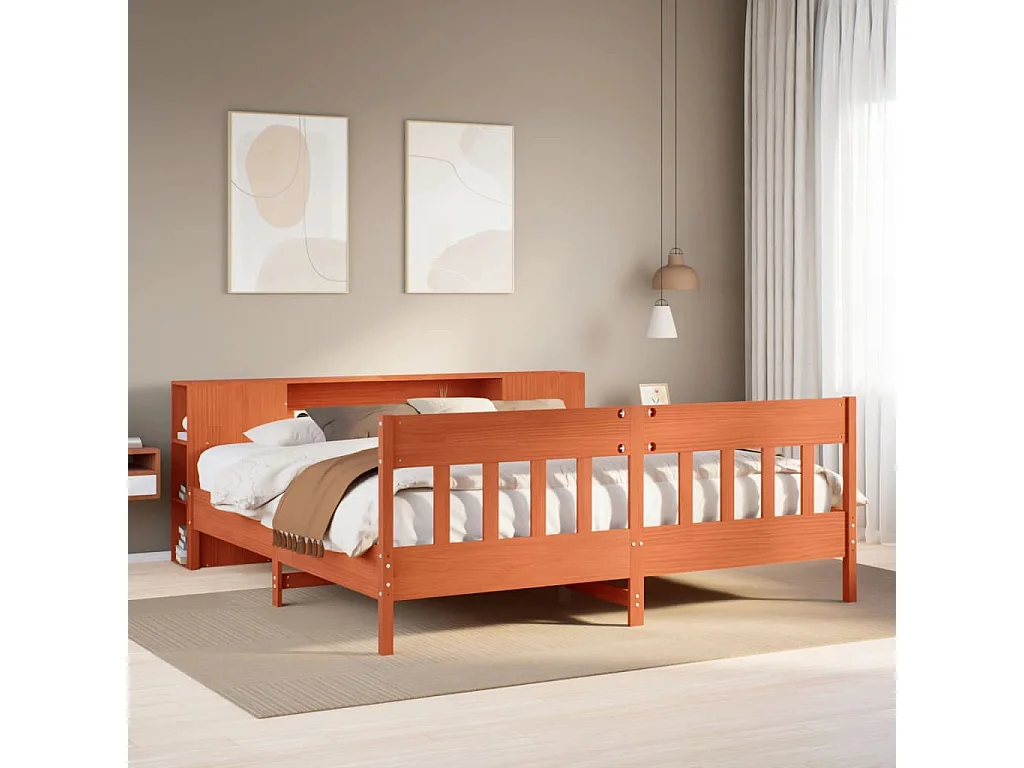 Bed met boekenkast zonder matras grenenhout wasbruin 200x200 cm
