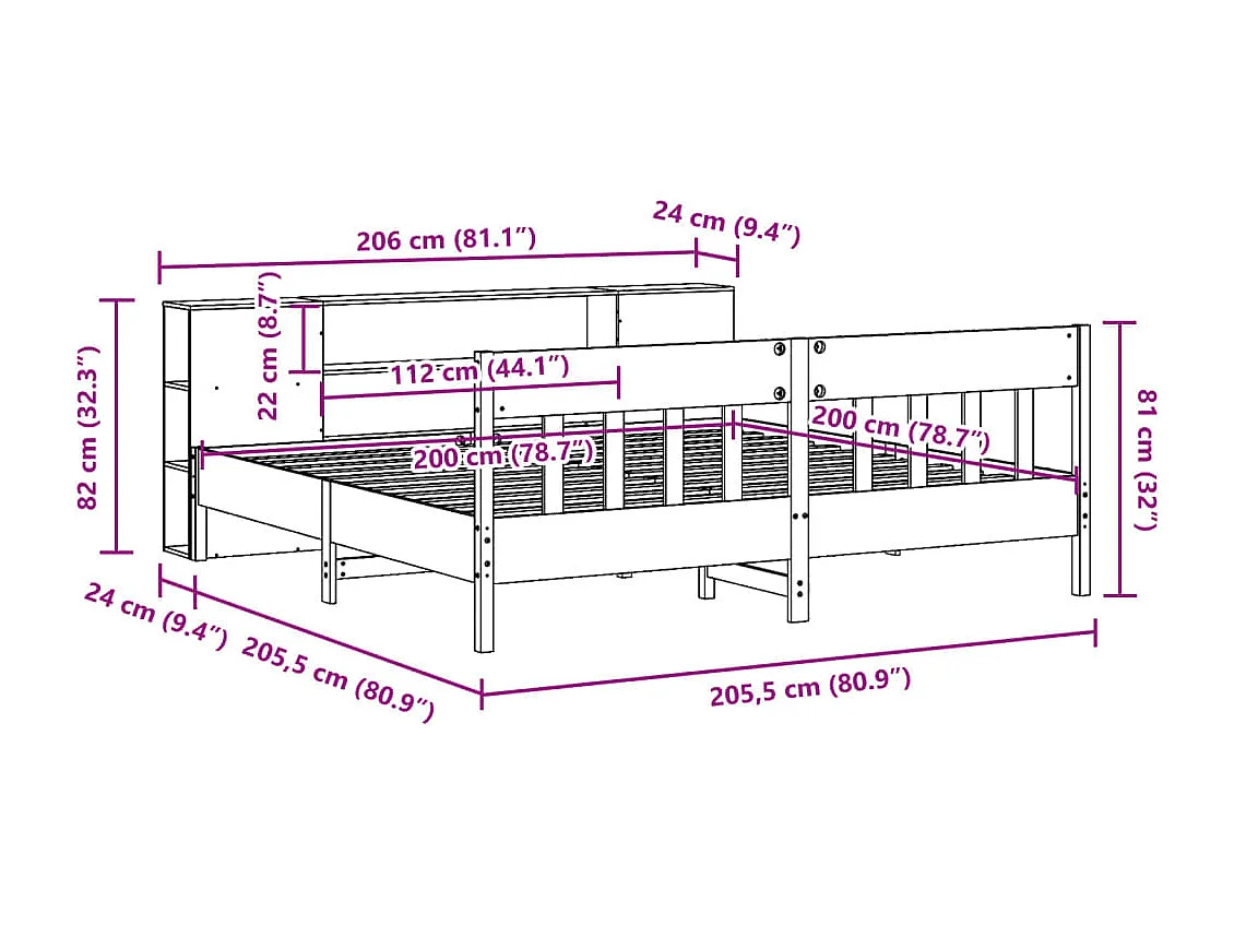 Bed met boekenkast zonder matras grenenhout wasbruin 200x200 cm