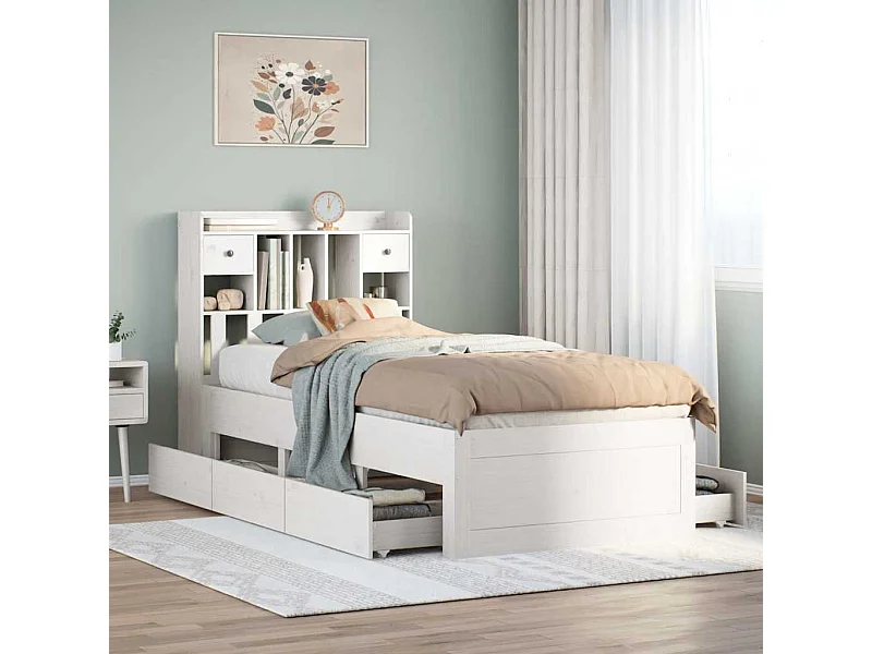 Lit bibliothèque sans matelas blanc 90x200cm bois de pin massif