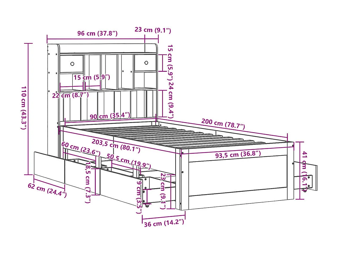 Bed met boekenkast zonder matras grenenhout wit 90x200 cm