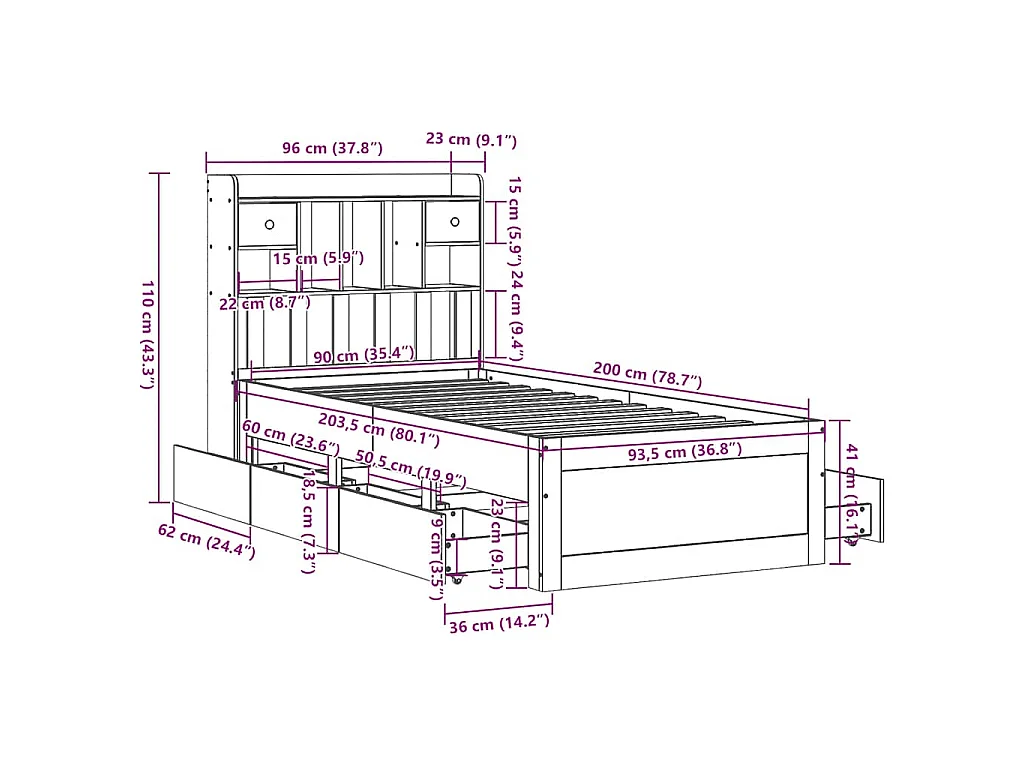 Letto Libreria senza Materasso Bianca 90x200 cm Legno di Pino