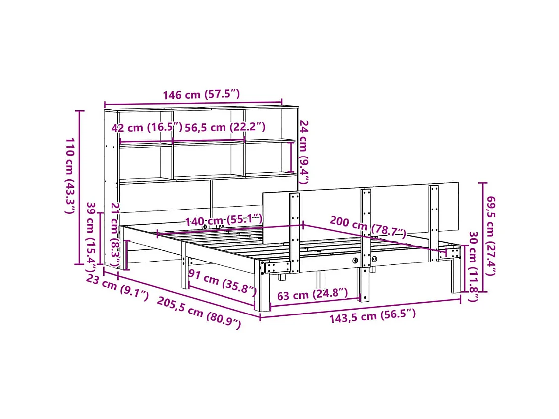 Lit bibliothèque sans matelas 140x200 cm bois massif de pin