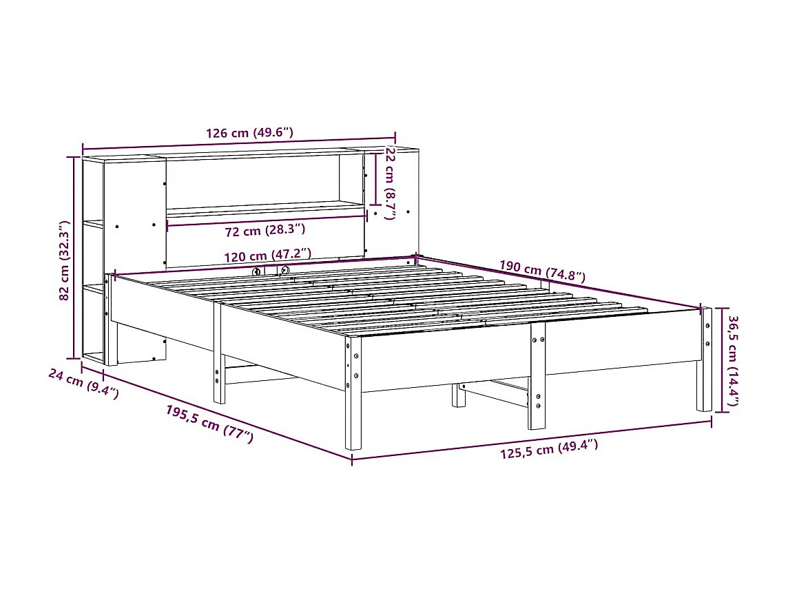 Cama c/ estante sem colchão 120x190cm pinho maciço castanho-mel