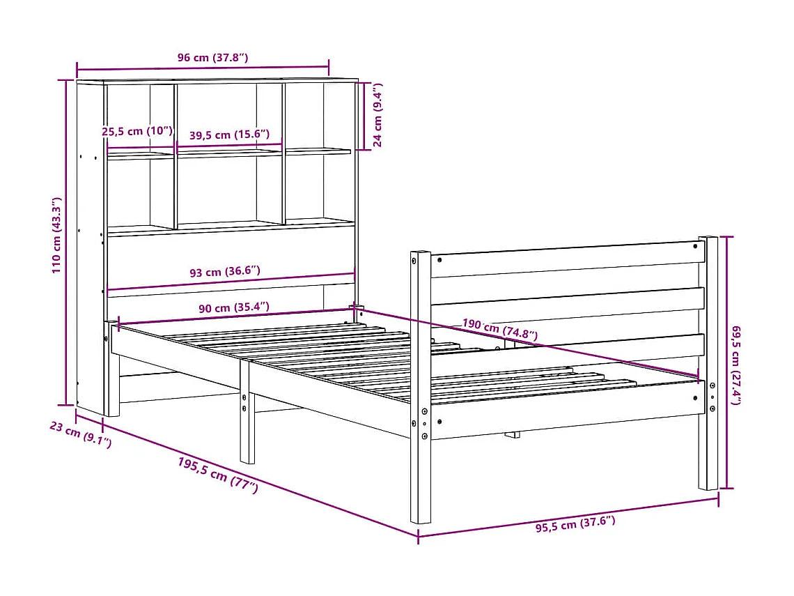 Bed met boekenkast zonder matras hout wasbruin 90x190 cm
