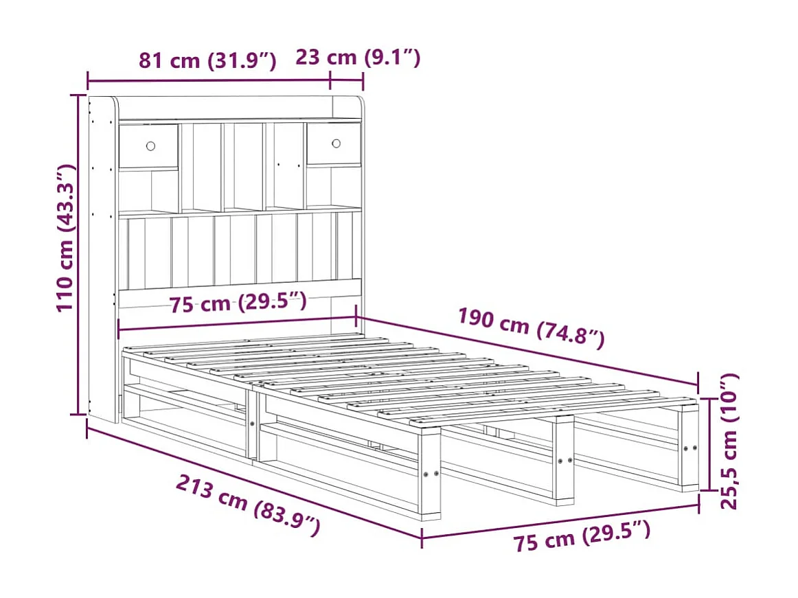 Cama con estantería sin colchón madera maciza blanca 75x190 cm