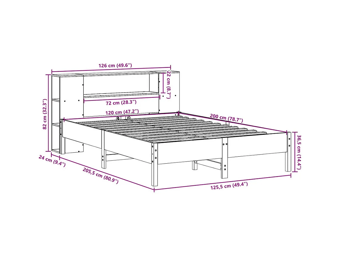 Lit bibliothèque sans matelas 120x200 cm bois de pin massif