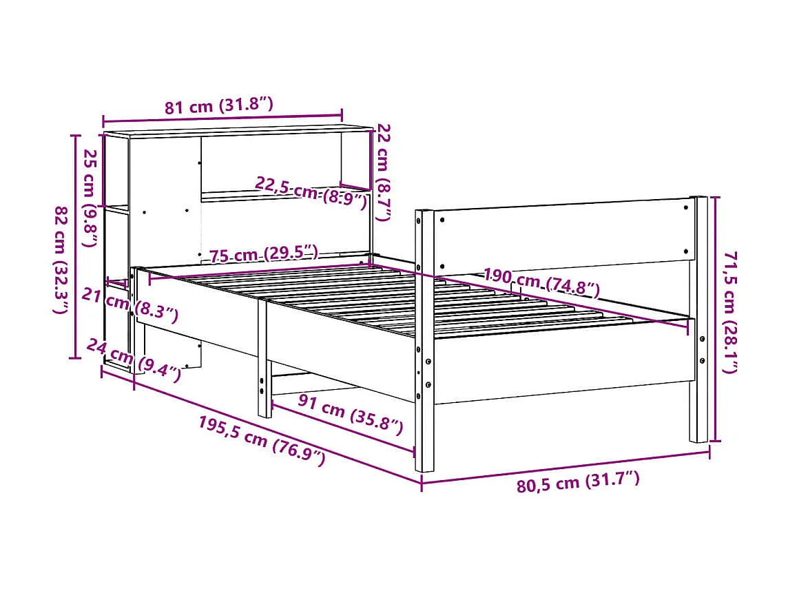 Letto con Libreria senza Materasso 75x190 cm in Legno Pino