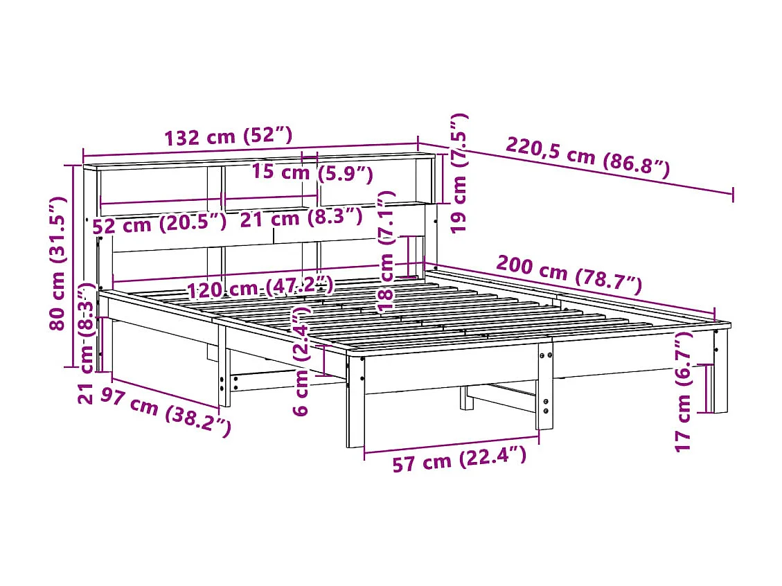 Lit bibliothèque sans matelas 120x200 cm bois de pin massif