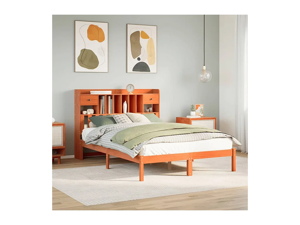 Lit bibliothèque sans matelas cire marron 140x190 cm pin massif