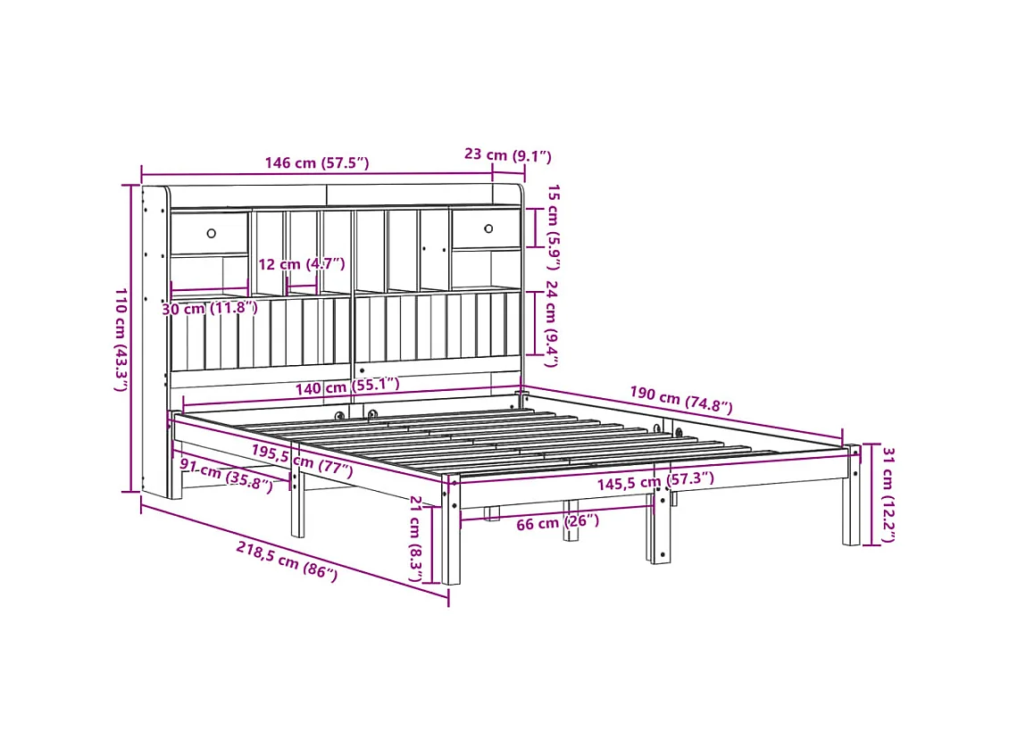 Lit bibliothèque sans matelas cire marron 140x190 cm pin massif