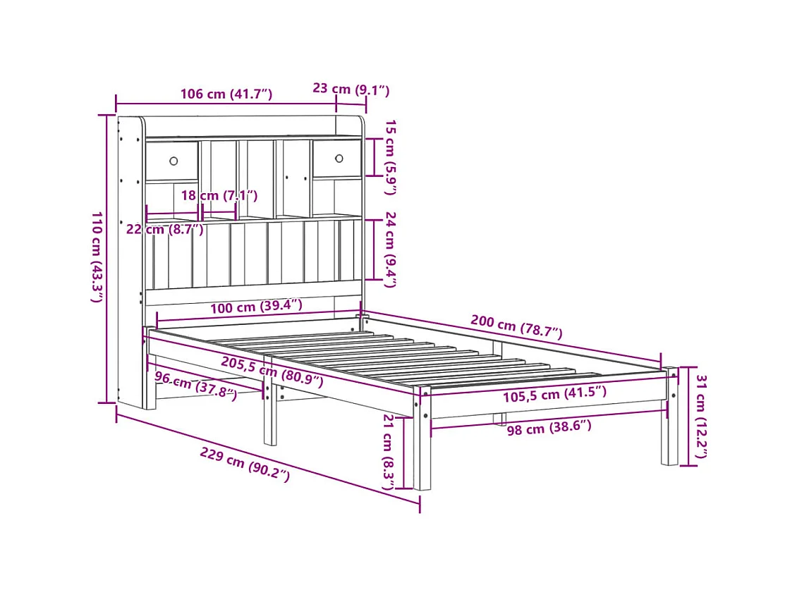 Lit bibliothèque sans matelas cire marron 100x200 cm pin massif