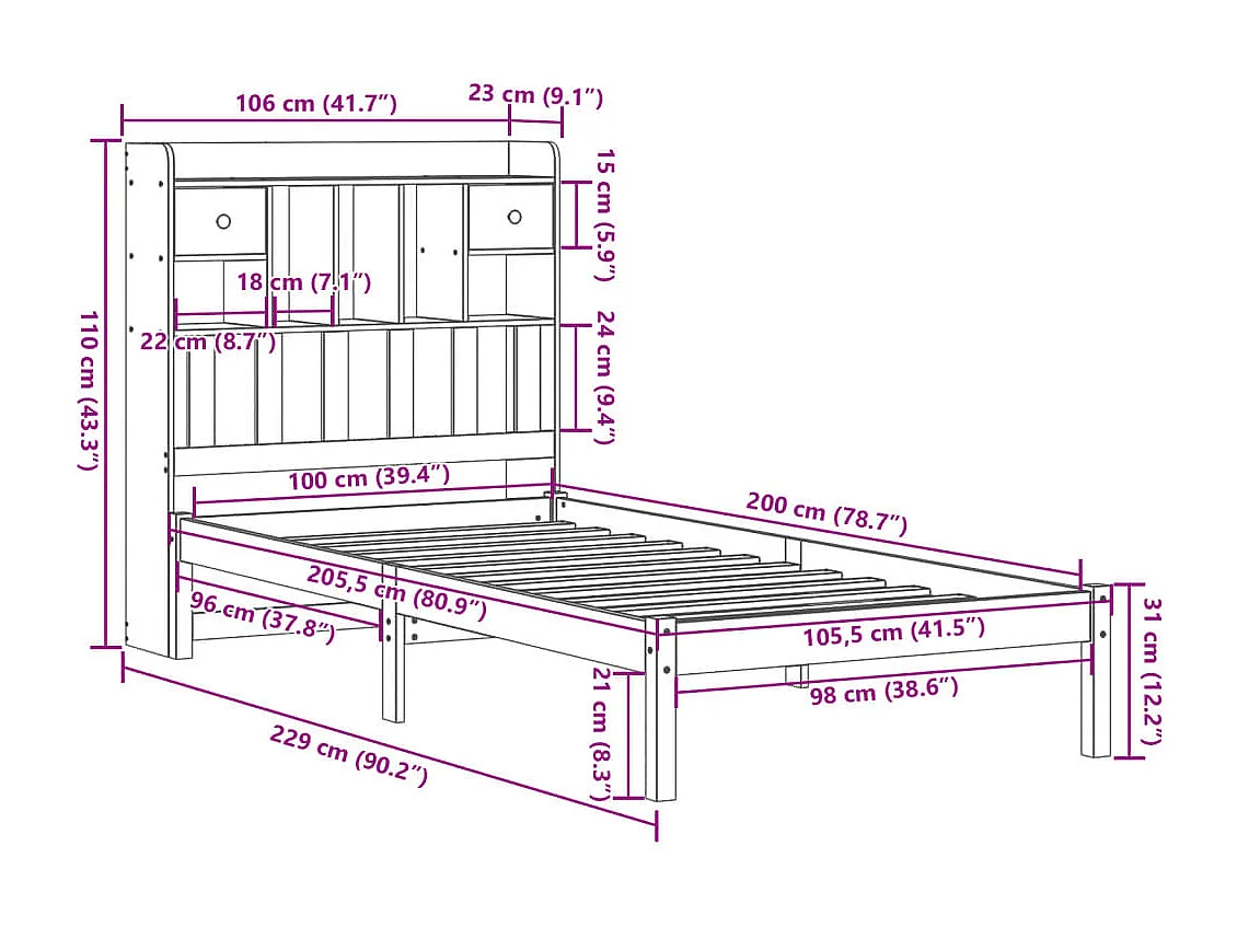 Lit bibliothèque sans matelas cire marron 100x200 cm pin massif