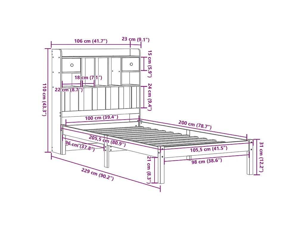 Lit bibliothèque sans matelas cire marron 100x200 cm pin massif