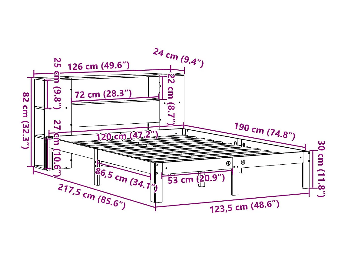 Lit bibliothèque sans matelas blanc 120x190 cm bois pin massif