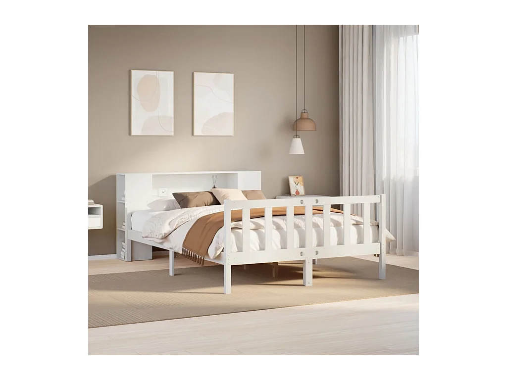 Lit bibliothèque sans matelas blanc 160x200 cm bois pin massif