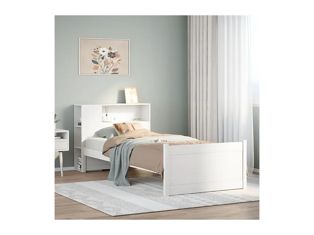 Lit bibliothèque sans matelas blanc 75x190cm bois de pin massif