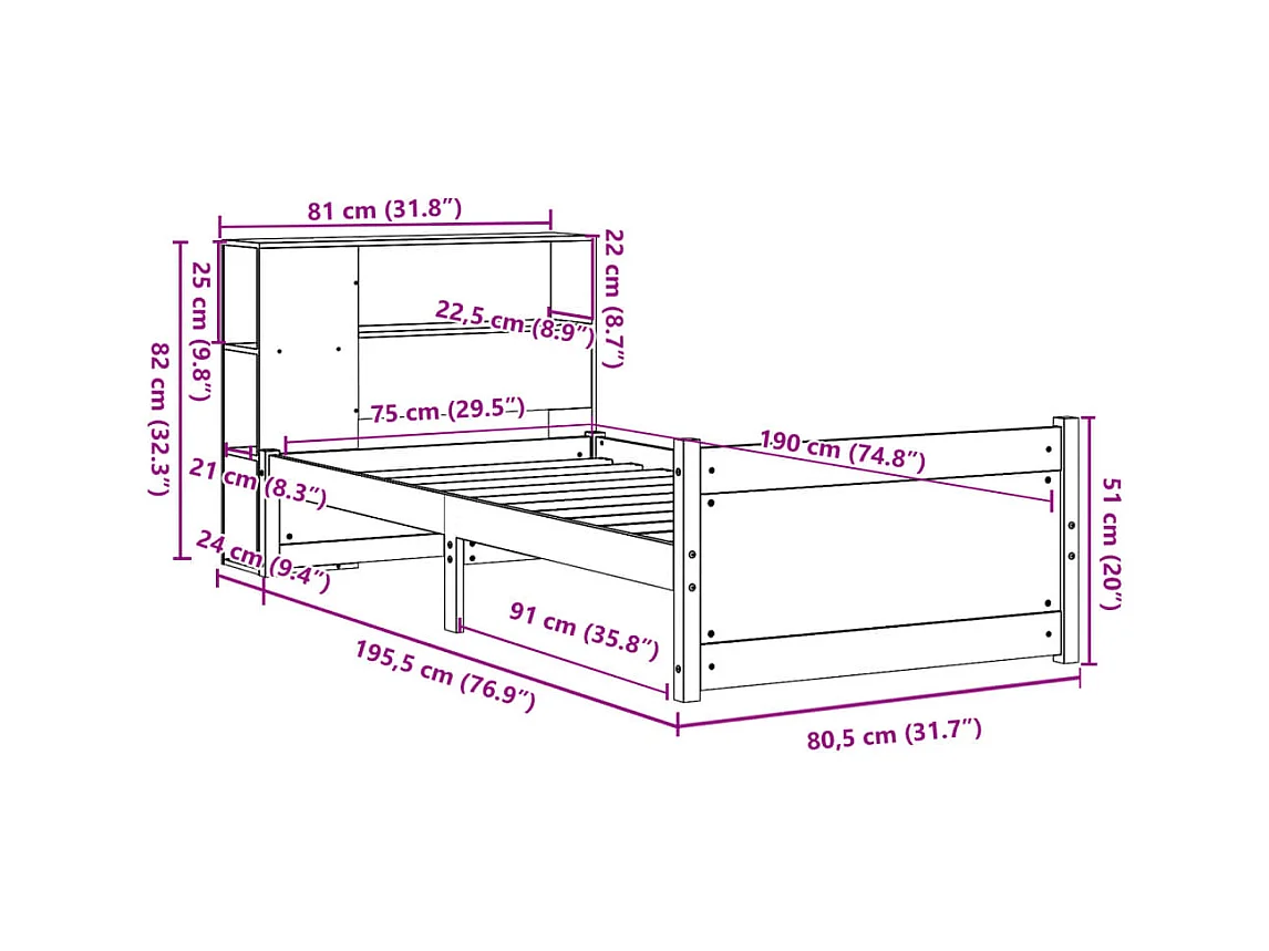 Lit bibliothèque sans matelas blanc 75x190cm bois de pin massif