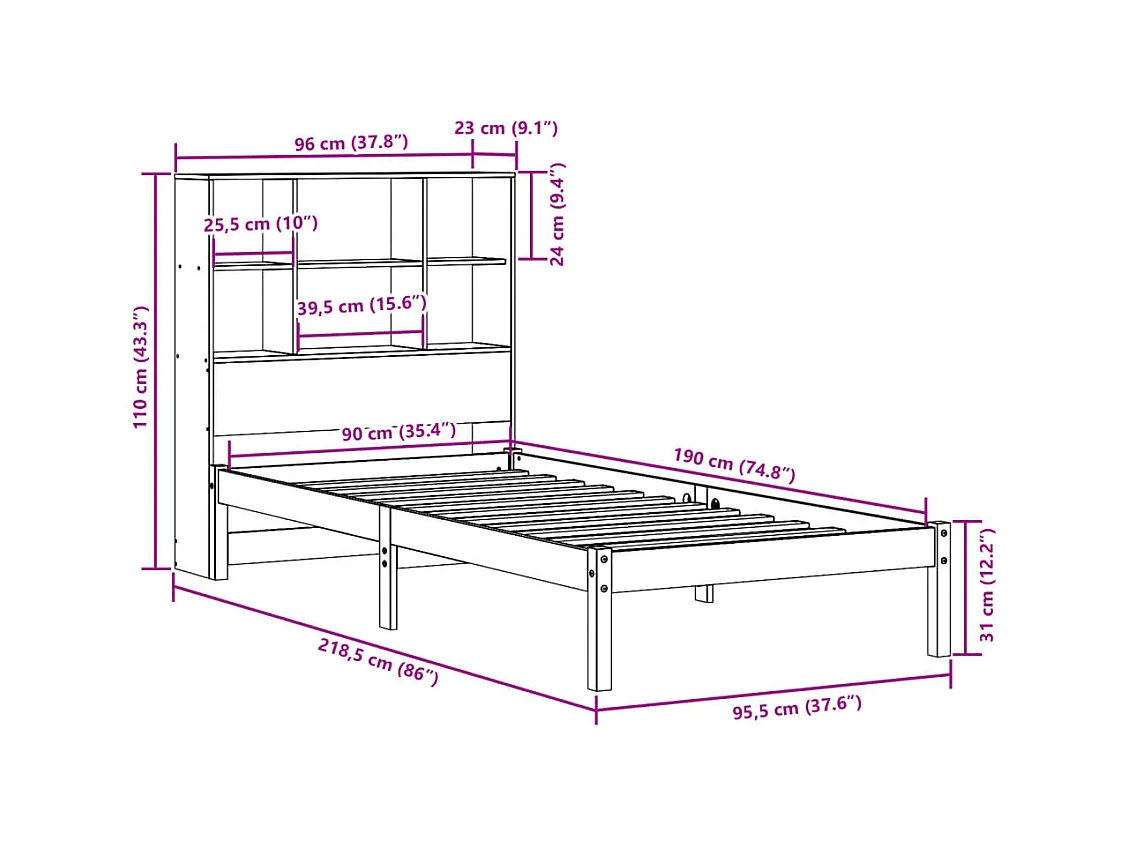 Lit bibliothèque sans matelas blanc 90x190cm bois de pin massif