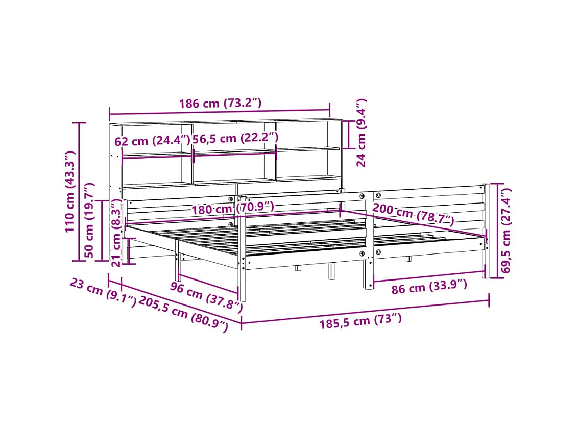Giroletto con Libreria senza Materasso 180x200 cm in Legno Pino