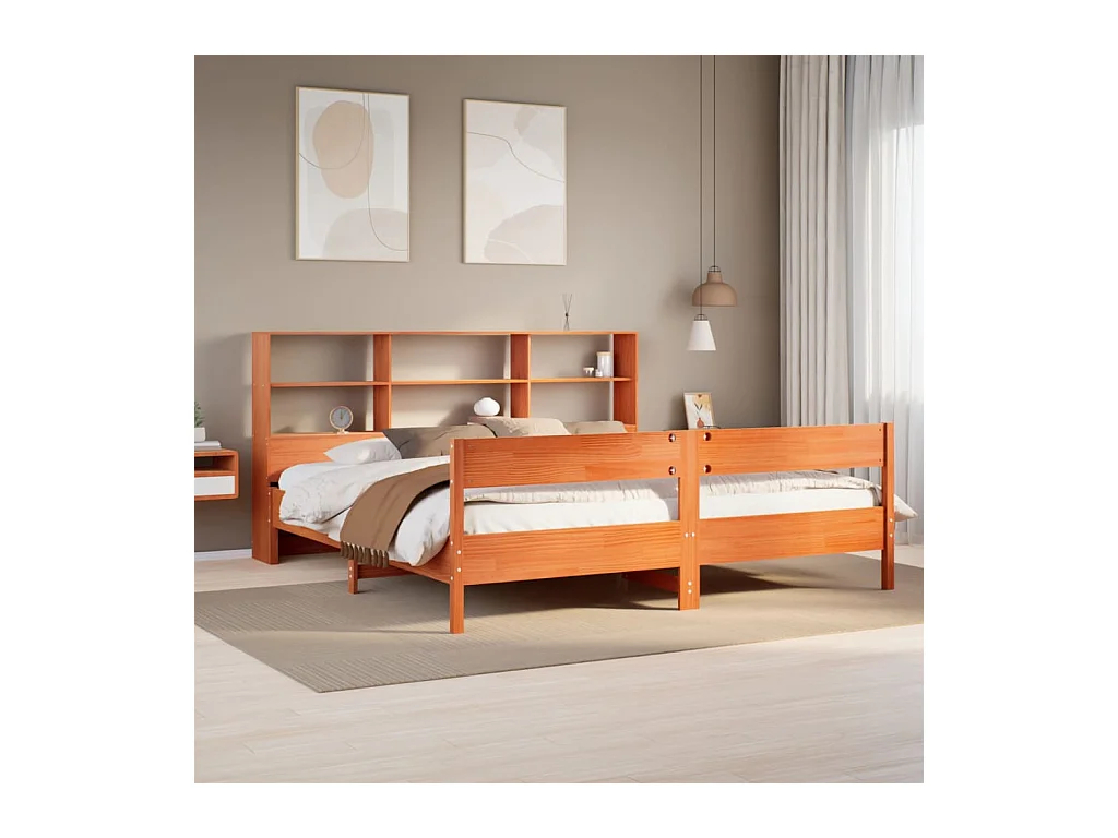 Massivholzbett mit Regal ohne Matratze Wachsbraun 180x200 cm