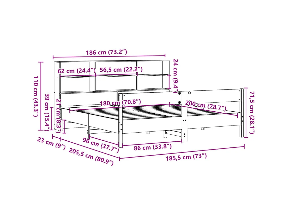 Massivholzbett mit Regal ohne Matratze Wachsbraun 180x200 cm